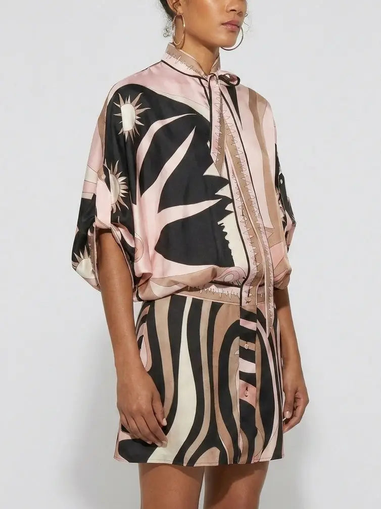 Abstract Print Silk Tie-Neck Mini Dress - Dresses