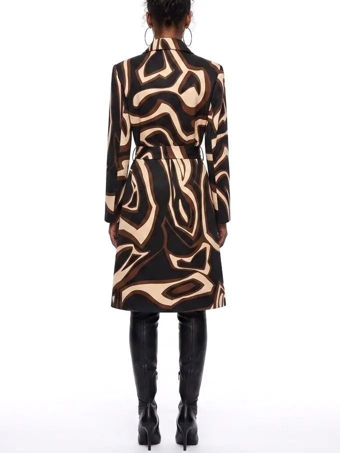 Abstract Printed Belted Double-Breasted Trench Coat - Coats