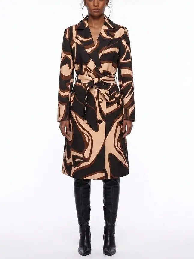 Abstract Printed Belted Double-Breasted Trench Coat - Coats