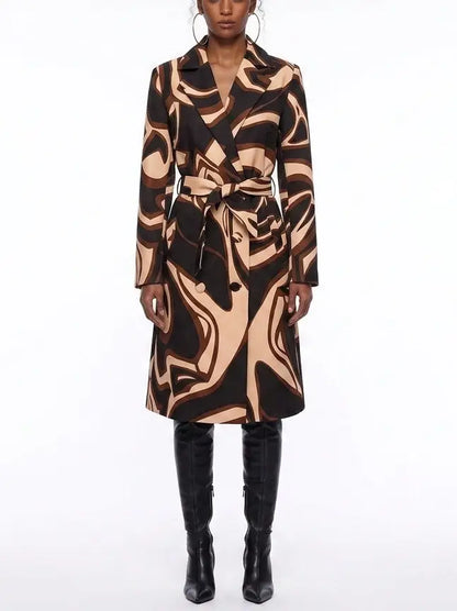 Abstract Printed Belted Double-Breasted Trench Coat - Coats