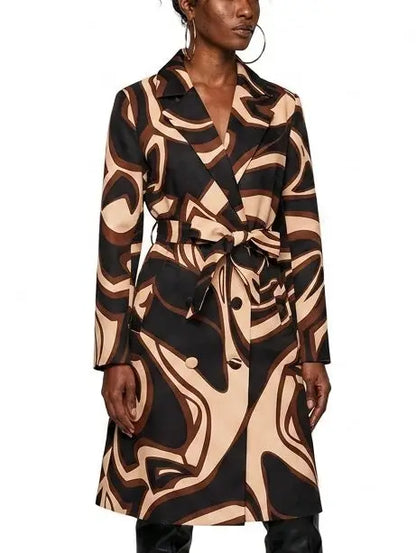 Abstract Printed Belted Double-Breasted Trench Coat - Coats