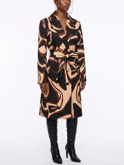 Abstract Printed Belted Double-Breasted Trench Coat - Coats