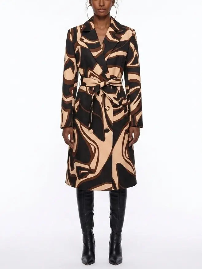 Abstract Printed Belted Double-Breasted Trench Coat - Coats