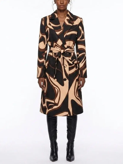 Abstract Printed Belted Double-Breasted Trench Coat - Coats
