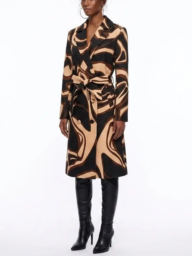 Abstract Printed Belted Double-Breasted Trench Coat - Coats