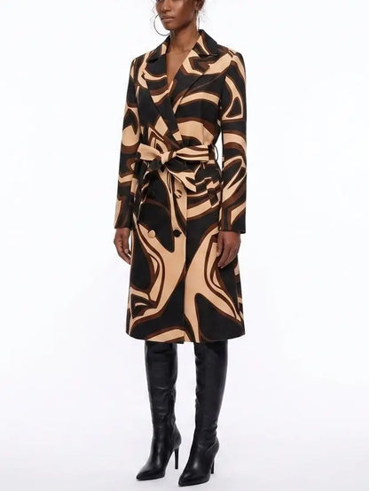 Abstract Printed Belted Double-Breasted Trench Coat - Coats