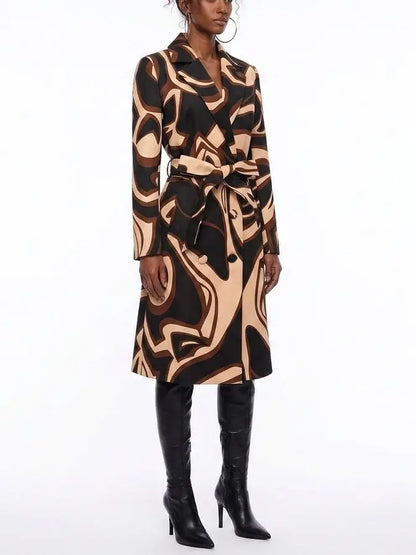 Abstract Printed Belted Double-Breasted Trench Coat - Coats