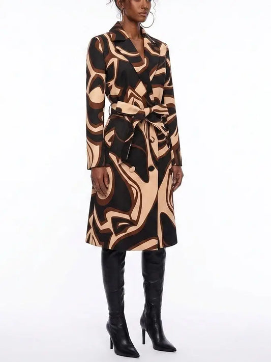 Abstract Printed Belted Double-Breasted Trench Coat - Coats