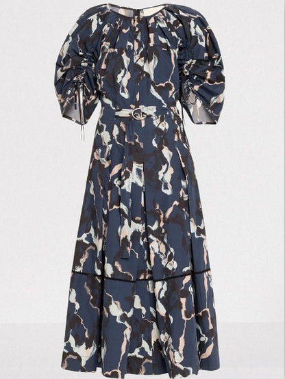 Abstract Printed Belted Midi Dress - Dresses