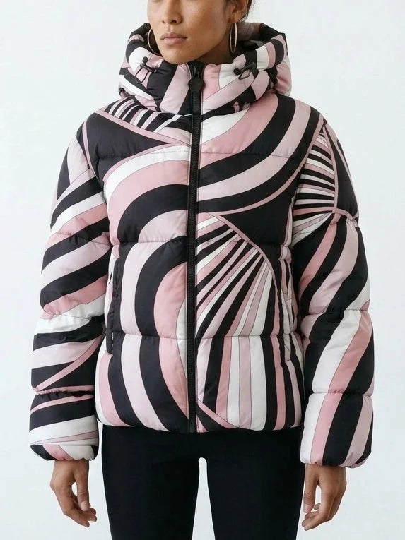 Abstract Printed Hooded Puffer Jacket - Jackets