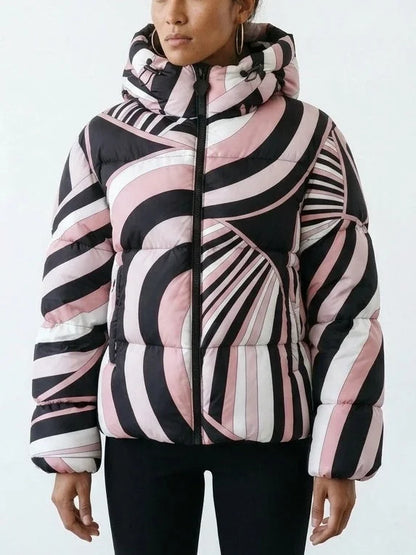 Abstract Printed Hooded Puffer Jacket - Jackets