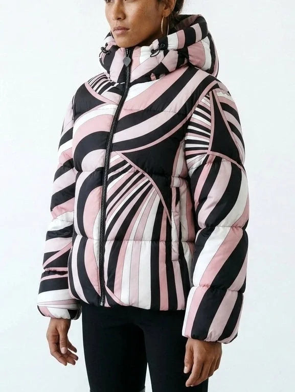 Abstract Printed Hooded Puffer Jacket - Jackets