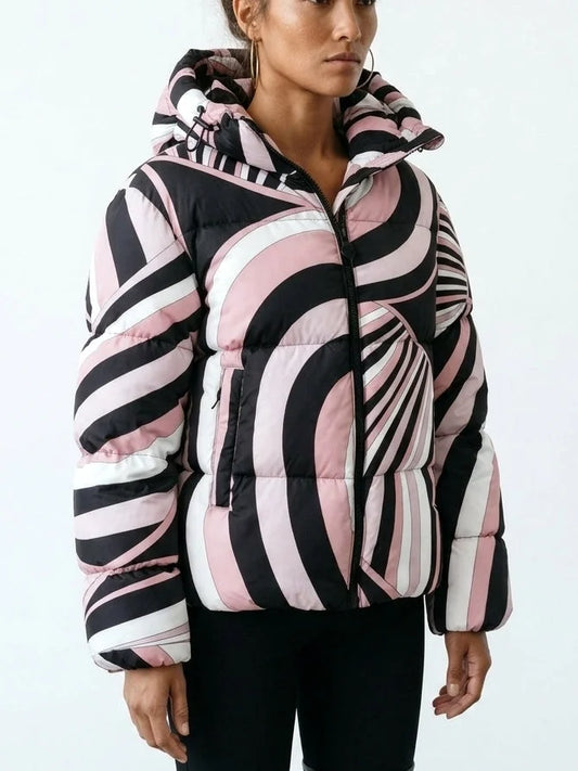 Abstract Printed Hooded Puffer Jacket - Jackets