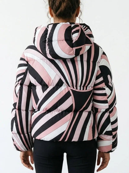 Abstract Printed Hooded Puffer Jacket - Jackets
