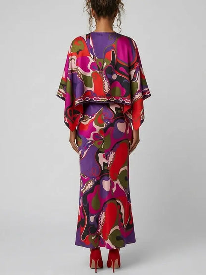 Abstract Silk Slip Maxi Dress and Cape in Multicolor - Dresses