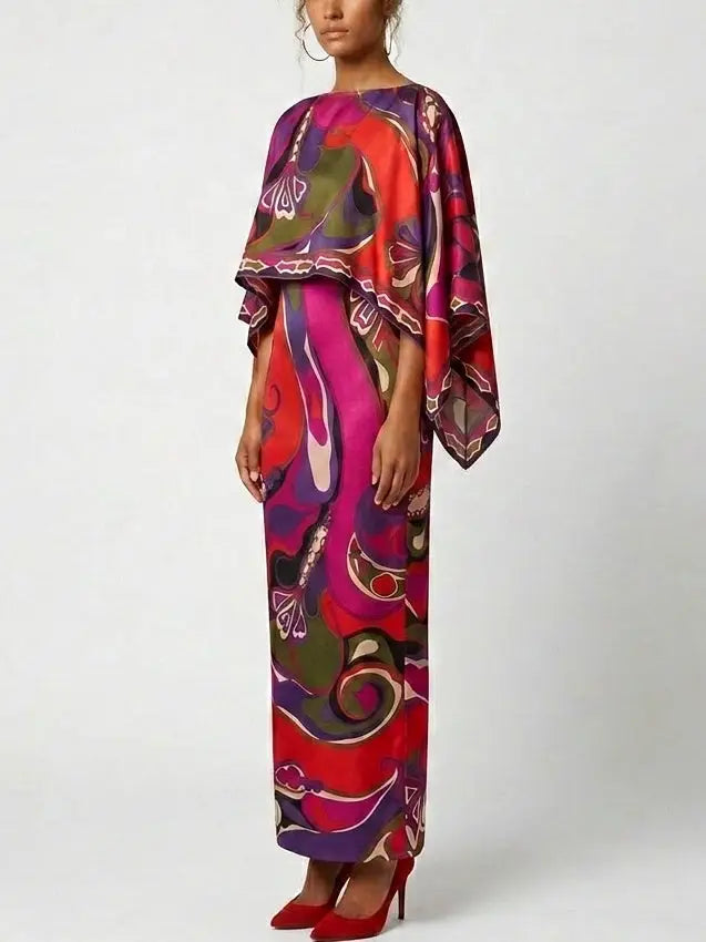 Abstract Silk Slip Maxi Dress and Cape in Multicolor - Dresses