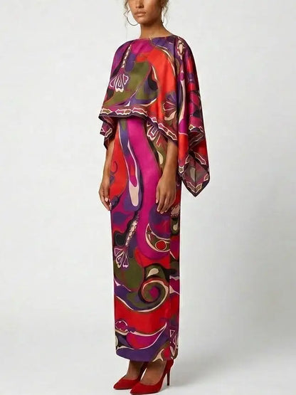 Abstract Silk Slip Maxi Dress and Cape in Multicolor - Dresses