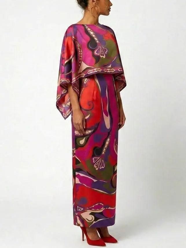 Abstract Silk Slip Maxi Dress and Cape in Multicolor - Dresses