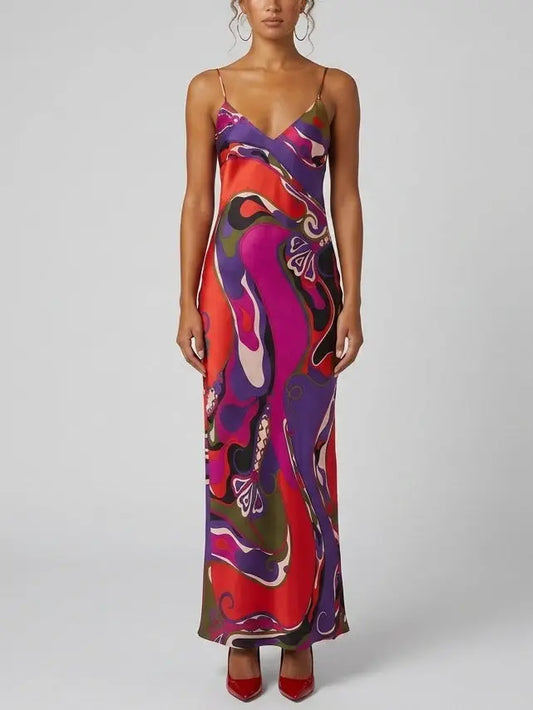 Abstract Silk Slip Maxi Dress and Cape in Multicolor - Dresses