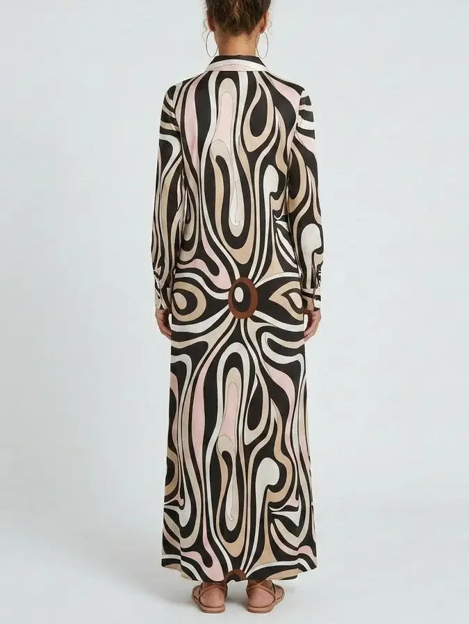 Abstract Swirl Print Long Shirt Dress - Dresses