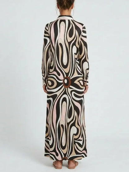 Abstract Swirl Print Long Shirt Dress - Dresses
