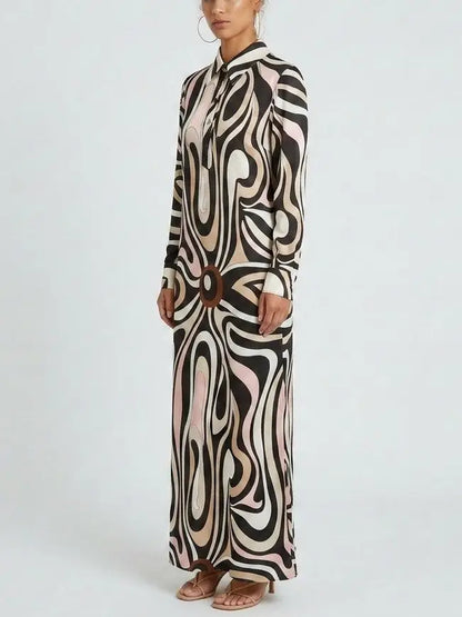 Abstract Swirl Print Long Shirt Dress - Dresses