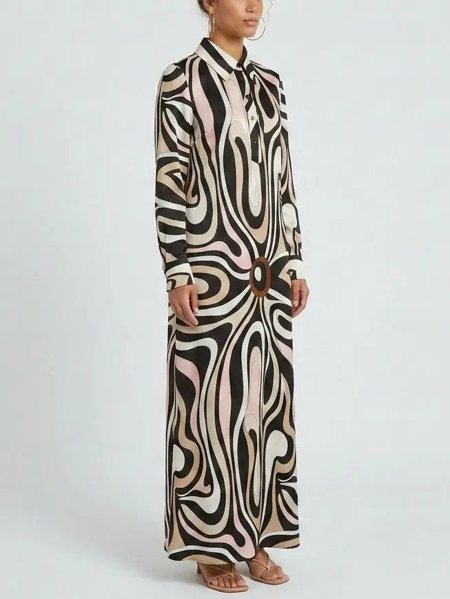 Abstract Swirl Print Long Shirt Dress - Dresses