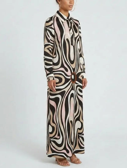 Abstract Swirl Print Long Shirt Dress - Dresses