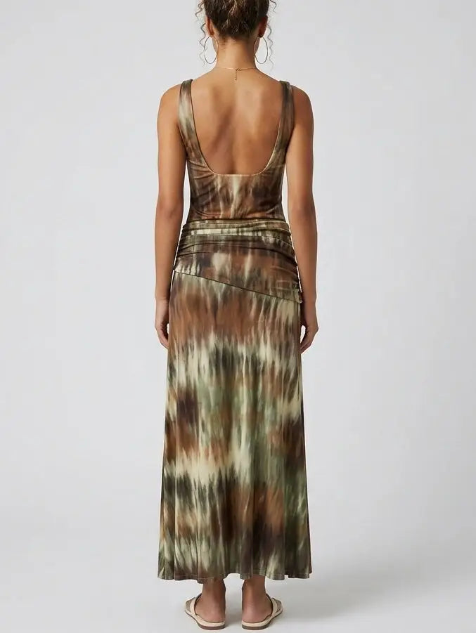 Abstract Tie-Dye Effect Print Ruched Waist Maxi Dress