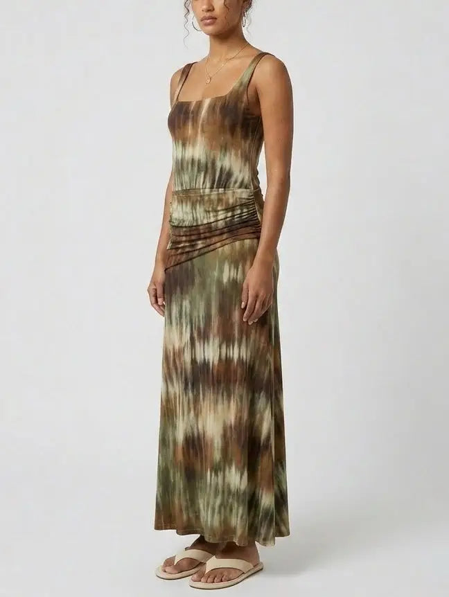 Abstract Tie-Dye Effect Print Ruched Waist Maxi Dress - Dresses