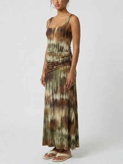 Abstract Tie-Dye Effect Print Ruched Waist Maxi Dress - Dresses