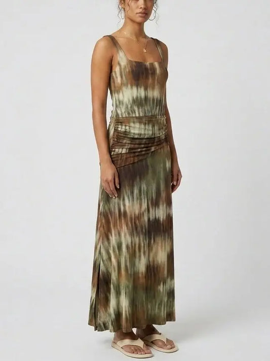 Abstract Tie-Dye Effect Print Ruched Waist Maxi Dress - Dresses