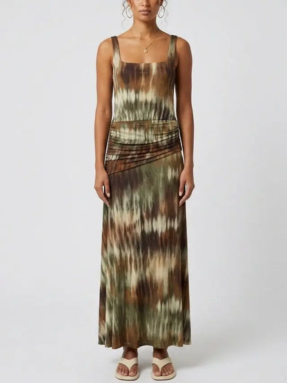Abstract Tie-Dye Effect Print Ruched Waist Maxi Dress - Dresses
