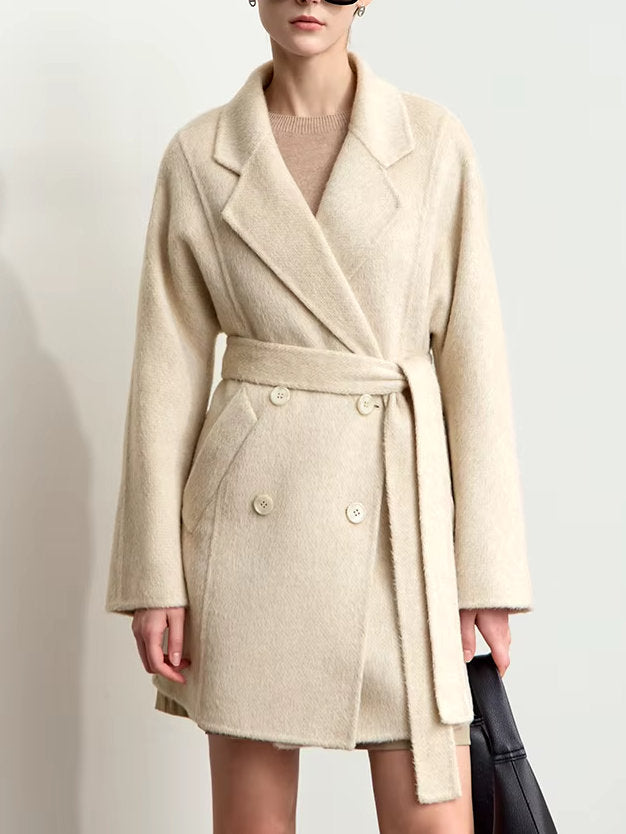 Alpaca and Wool-Blend Belted Coat in Light Beige Branna Couture