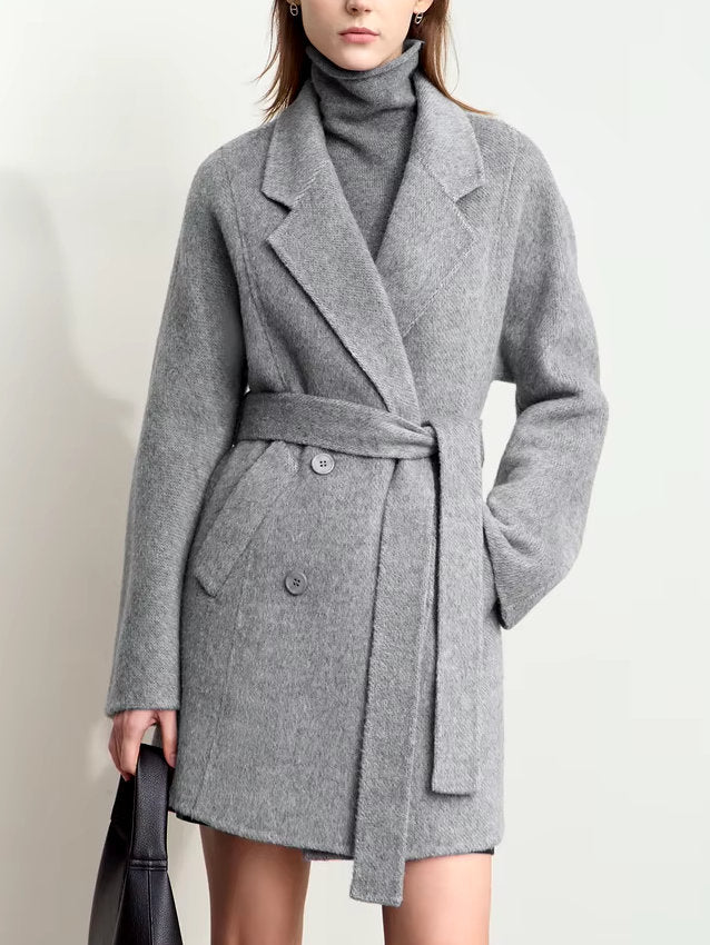 Alpaca and Wool-Blend Belted Coat in Grey Branna Couture