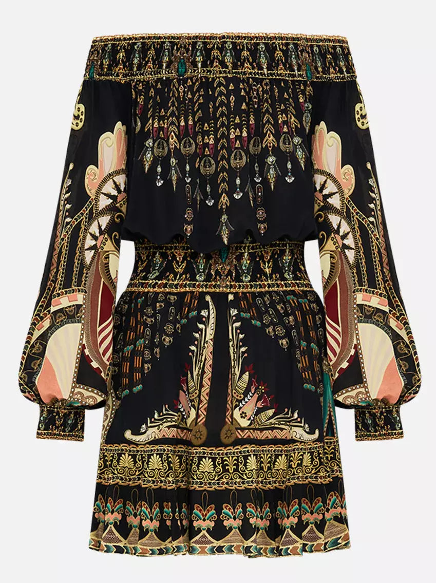 Ancient Egyptian Print Off-Shoulder Silk Mini Dress