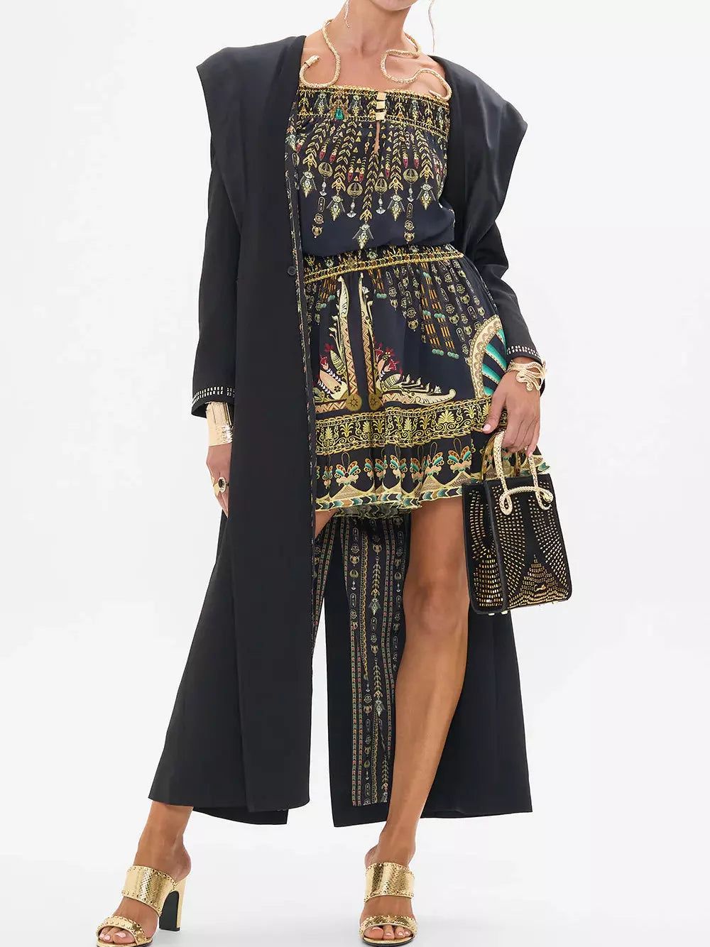 Ancient Egyptian Print Off-Shoulder Silk Mini Dress