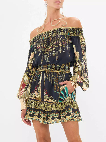 Ancient Egyptian Print Off-Shoulder Silk Mini Dress