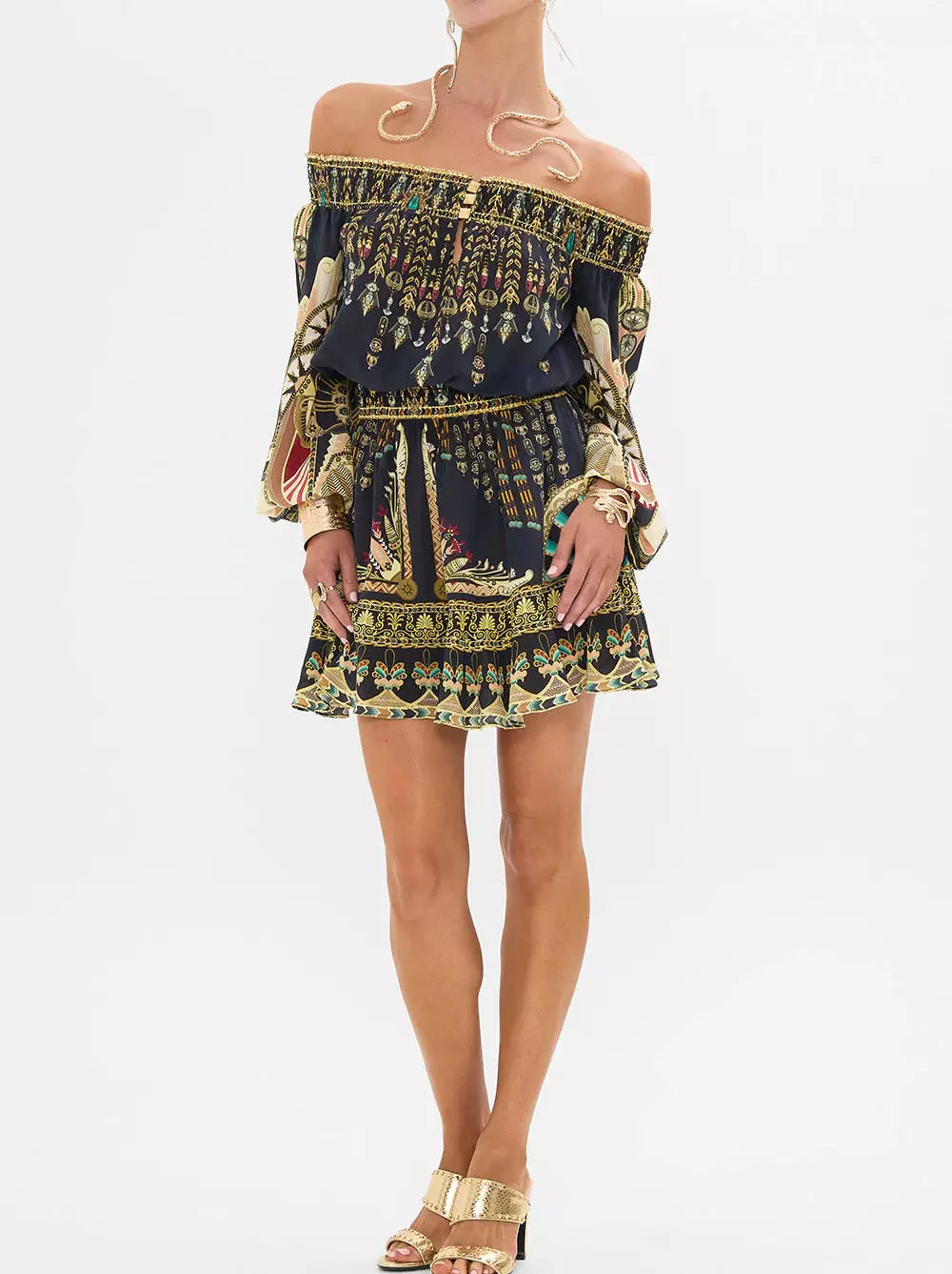 Ancient Egyptian Print Off-Shoulder Silk Mini Dress