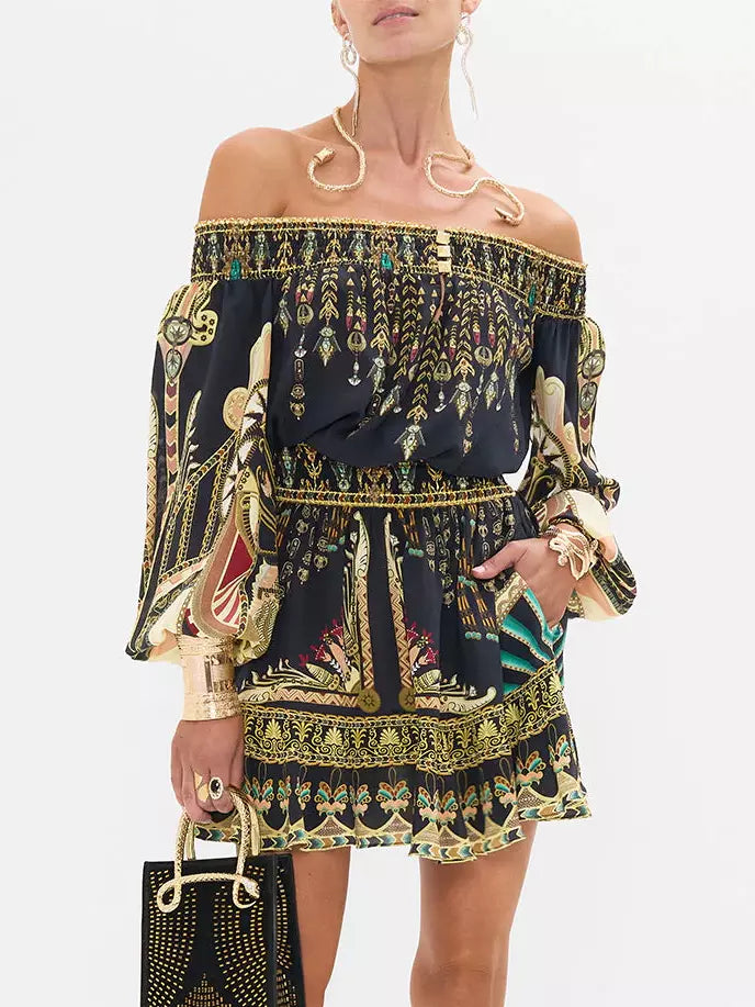 Ancient Egyptian Print Off-Shoulder Silk Mini Dress