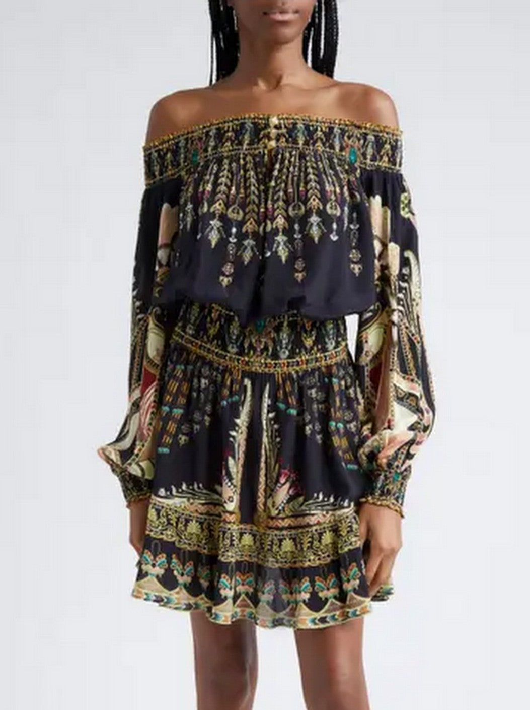 Ancient Egyptian Print Off-Shoulder Silk Mini Dress