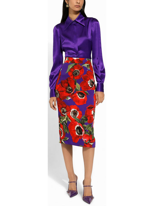 Anemone Floral Print Charmeuse Calf-Length Skirt - Branna Couture