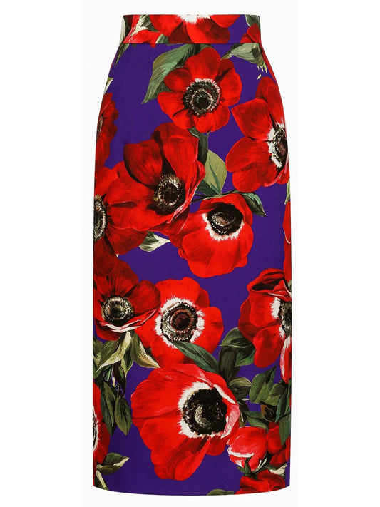 Anemone Floral Print Charmeuse Calf-Length Skirt - Branna Couture