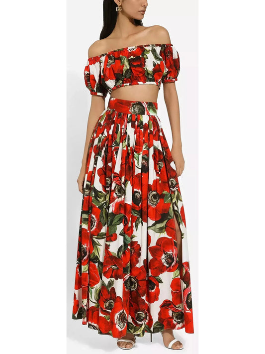 Anemone Floral Printed Cotton Poplin Bardot-Neck Crop Top and Maxi Skirt Set - Branna Couture