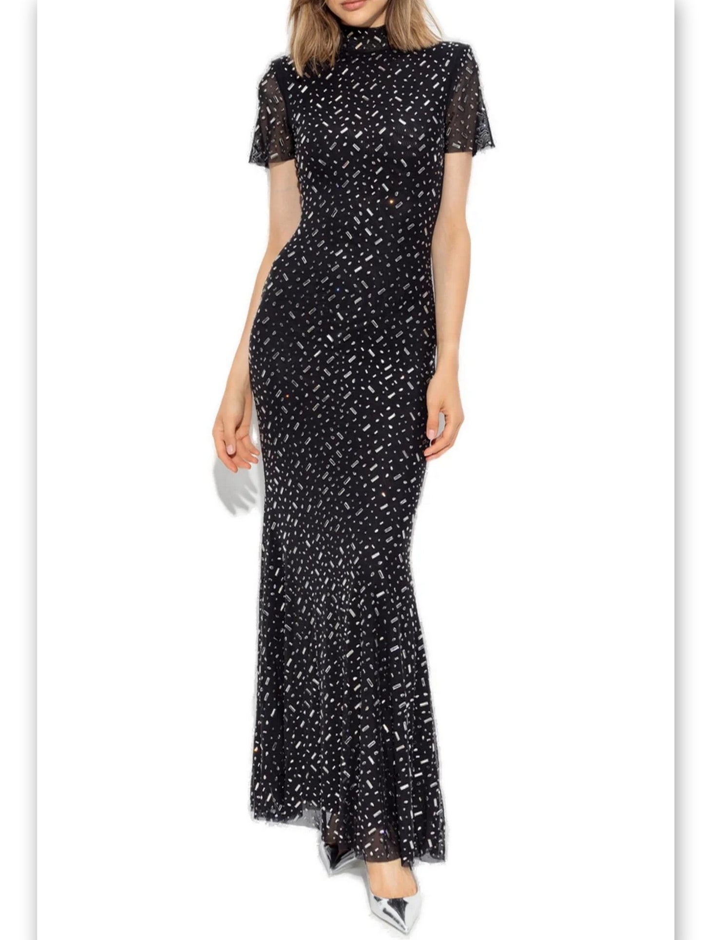 Women’s Applique-Embellished Long Mesh Black Gown Branna Couture