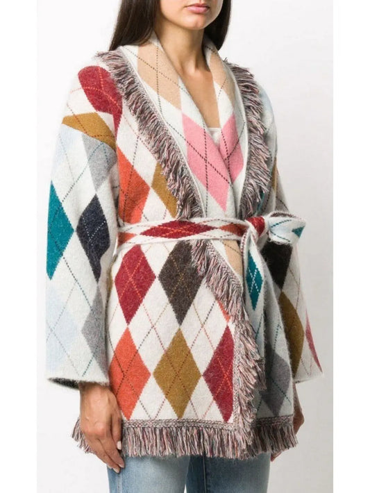 Argyle-Print Belted Fringe Cardigan - Branna Couture