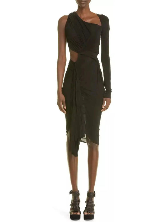 Asymmetric One-Shoulder Ruched Midi-Dress, Black - Branna Couture