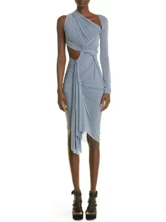 Asymmetric One-Shoulder Ruched Midi-Dress, Gray - Branna Couture