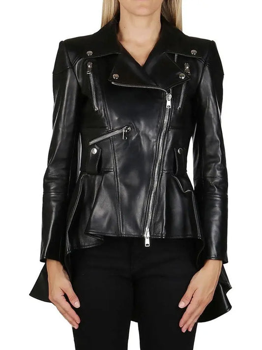 Asymmetric Peplum Leather Biker Jacket - Branna Couture