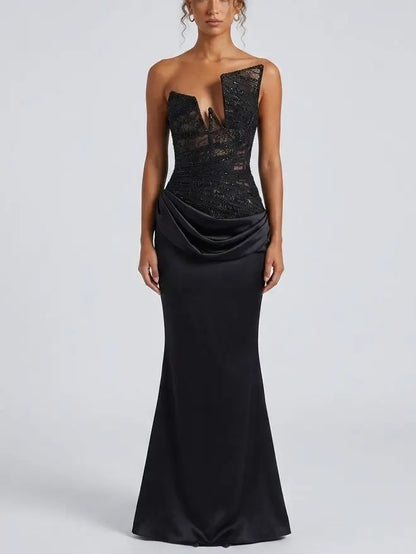 Asymmetric Lace Corset Satin Draped Gown - S - Dresses